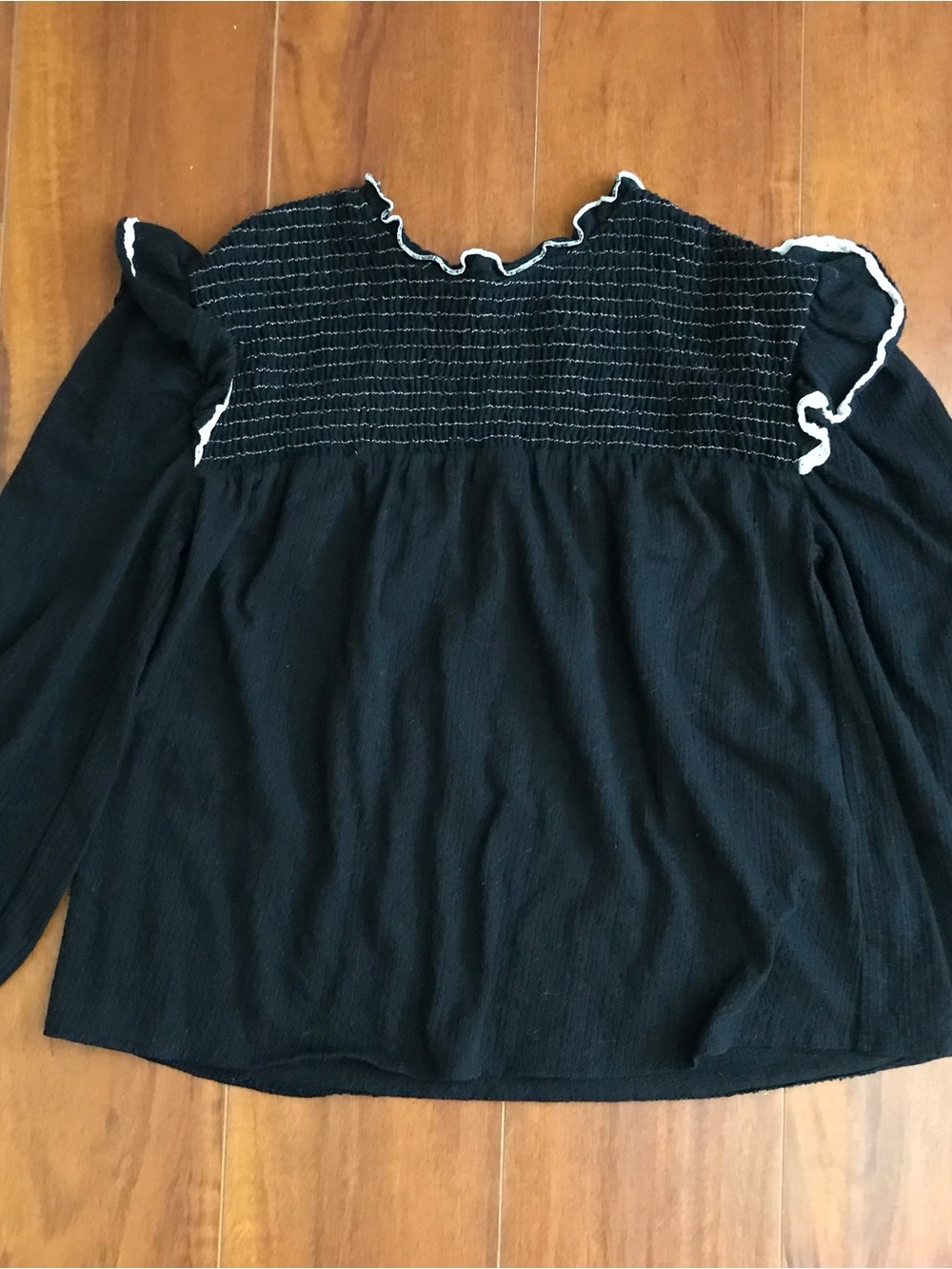 Zara girls Black Long-Sleeve Smocked Yoke Top with Contrast Trim